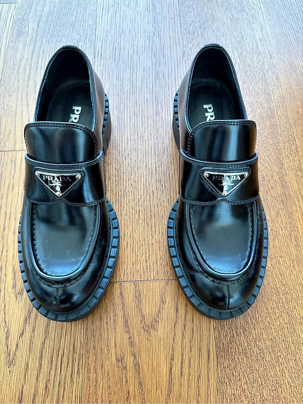 Prada Chocolate Leather Loafers Black 36.5 - Picture 2 of 4
